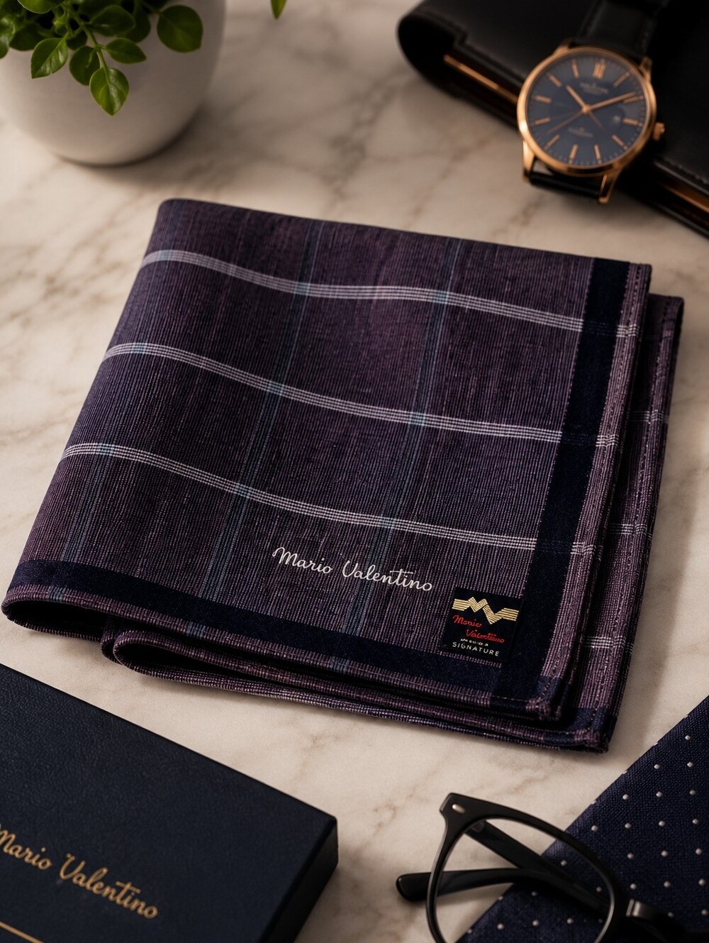 Mario Valentino Pocket Square – Classic Striped Plaid | New With Tags